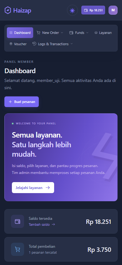 Tampilan seluler Haizap: Dashboard