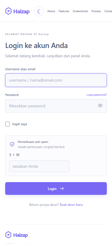 Tampilan seluler Haizap: Login