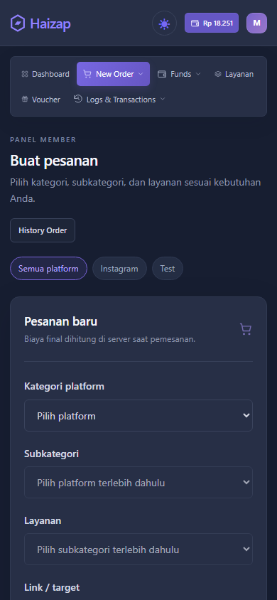 Tampilan seluler Haizap: Pesanan