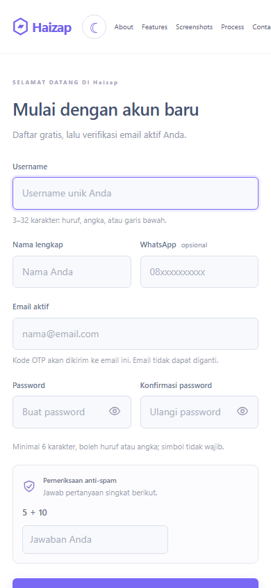 Tampilan seluler Haizap: Registrasi
