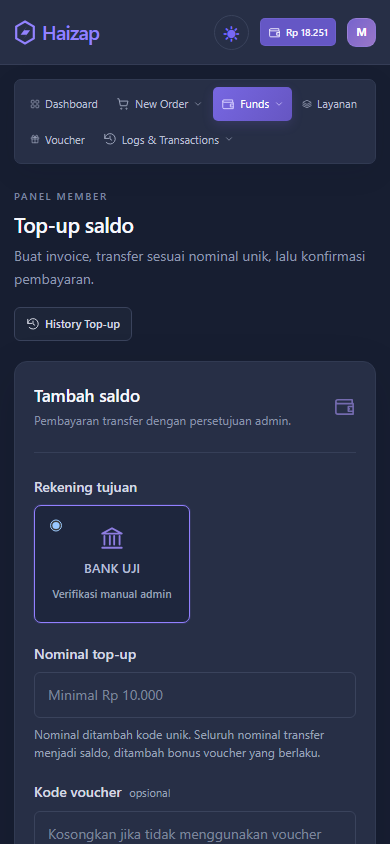 Tampilan seluler Haizap: Top-up